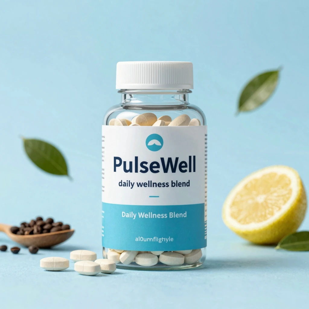 PulseWell daily blend product illustration with green gradient bottle